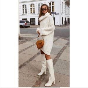 Zara Off White Knee High Heeled Leather Boots Size 8 NWT